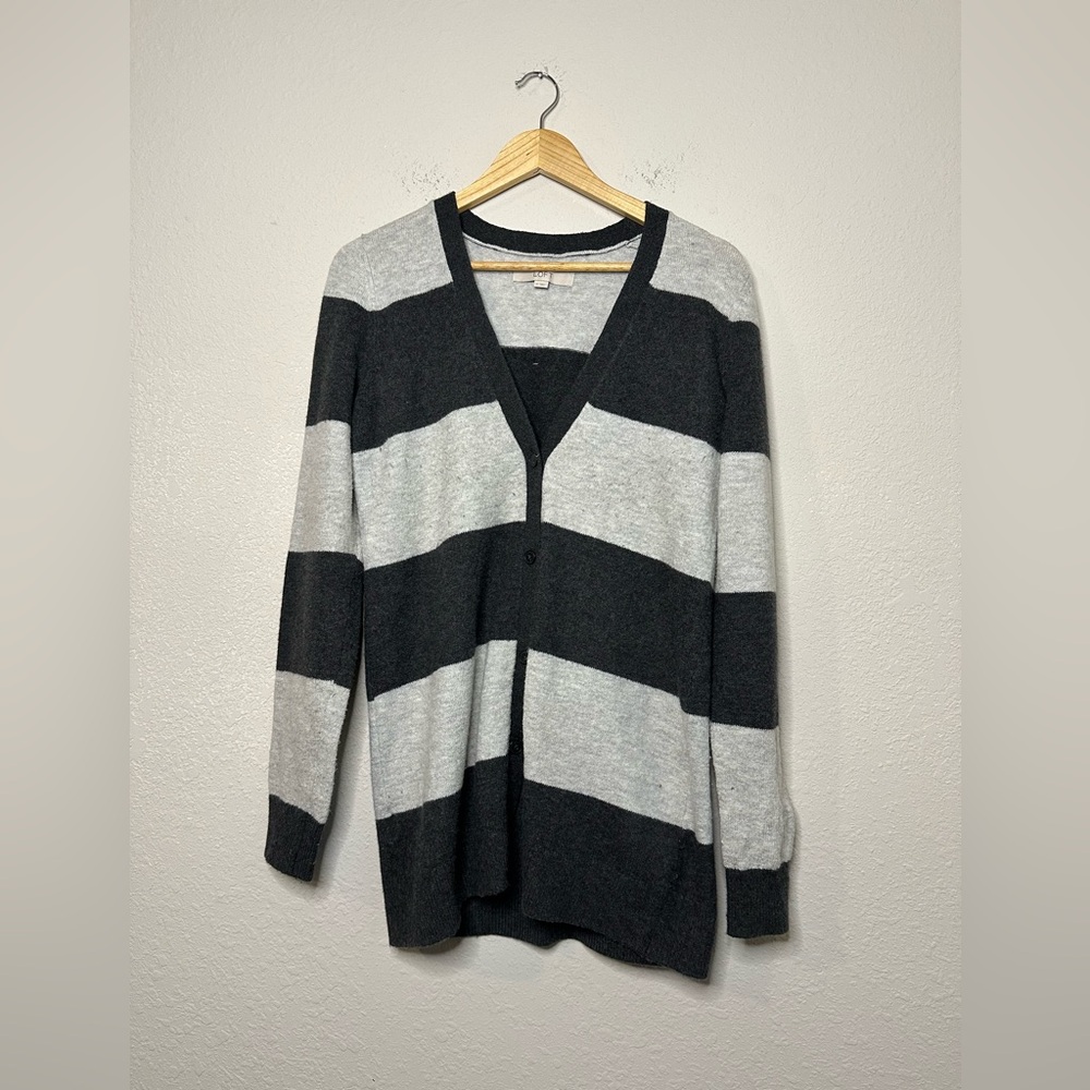 Loft Light & Dark Grey Striped Cardigan Size Medium
